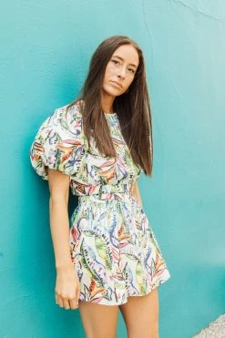 Queen Of Sparkles Tropical Puff Sleeve Jeweled Crop Spring 2022