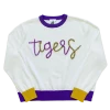 Queen Of Sparkles Glitter Script White W/ Purple & Gold "Tigers" Long Sleeve Sweater Gameday