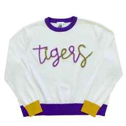 Queen Of Sparkles Glitter Script White W/ Purple & Gold "Tigers" Long Sleeve Sweater Gameday