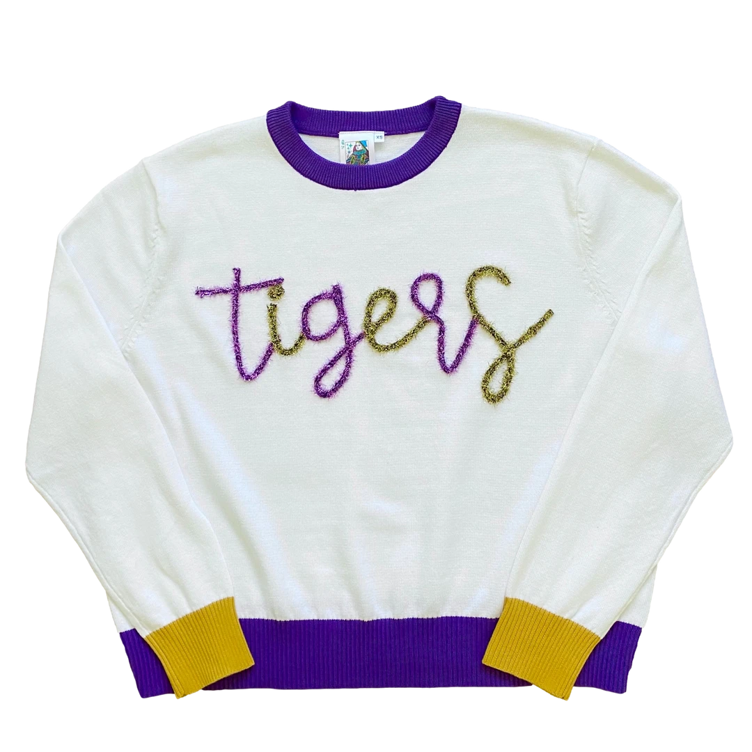 Queen Of Sparkles Glitter Script White W/ Purple & Gold "Tigers" Long Sleeve Sweater Gameday 3 Queen Of Sparkles Glitter Script White W/ Purple & Gold "Tigers" Long Sleeve Sweater Gameday