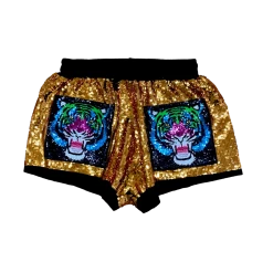 Queen Of Sparkles Gameday Gold Rainbow Tiger Sequin Shorts