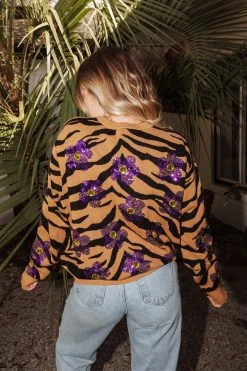 Queen Of Sparkles Tiger Print Sequin Flower Sweater
