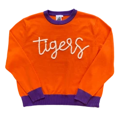 Queen Of Sparkles Glitter Script Orange W/ Purple "Tigers" Long Sleeve Sweater Gameday