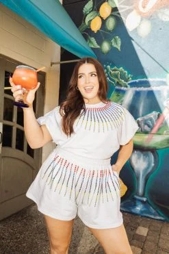 Queen Of Sparkles White Rainbow Rhinestone Burst Bubble Top Spring 2022