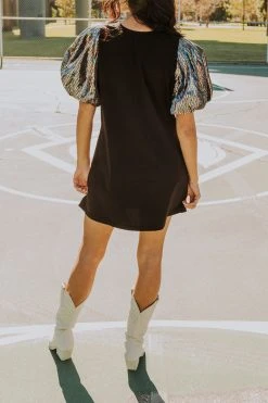 Queen Of Sparkles Black Dress With Rainbow Poof Sequin Sleeve 7 Queen Of Sparkles Black Dress With Rainbow Poof Sequin Sleeve