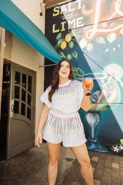 Queen Of Sparkles White Rainbow Rhinestone Burst Bubble Top Spring 2022