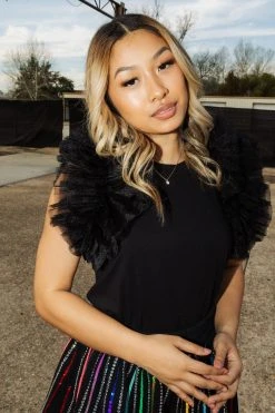 Shop Queen Of Sparkles Gameday Black/Black Ruffle Sleeve Tee