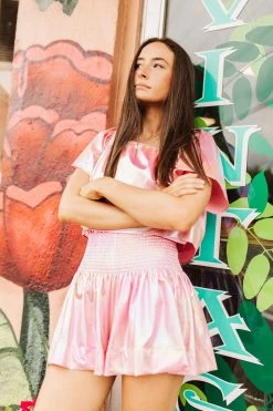 Queen Of Sparkles Light Pink Iridescent Swing Shorts Spring 2022