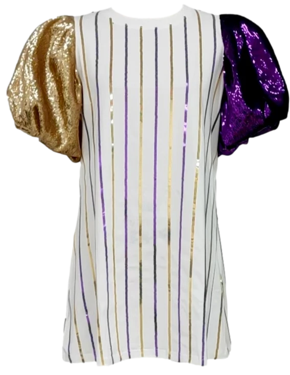 Queen Of Sparkles Purple & Gold Stripe Poof Sequin Sleeve Dress 3 Queen Of Sparkles Purple & Gold Stripe Poof Sequin Sleeve Dress
