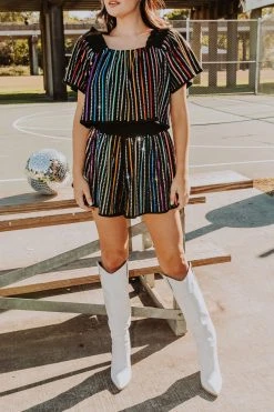 Queen Of Sparkles Tops Black Sequin Rhinestone Stripe Flutter Top