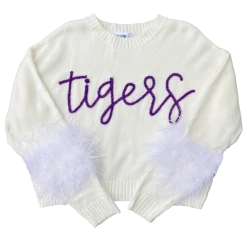 Queen Of Sparkles Gameday Purple“Tigers” Feather Sleeve Sweater