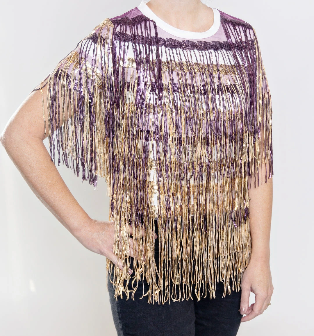 Shop Queen Of Sparkles Gameday Full Sequin Fringe Purple & Gold Tee 5 Shop Queen Of Sparkles Gameday Full Sequin Fringe Purple & Gold Tee
