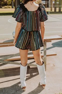 Queen Of Sparkles Tops Black Sequin Rhinestone Stripe Flutter Top