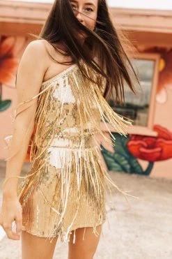 Queen Of Sparkles Spring 2022 Gold Fringe Mini Skirt