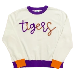 Queen Of Sparkles Gameday White W/ Purple & Orange "Tigers" LS Sweater