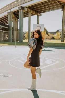 Queen Of Sparkles Black Dress With Rainbow Poof Sequin Sleeve