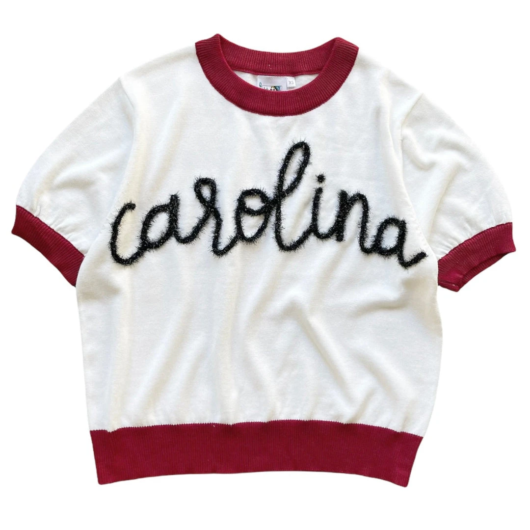 Shop Queen Of Sparkles Gameday White "Carolina" Glitter Script Sweater 3 Shop Queen Of Sparkles Gameday White "Carolina" Glitter Script Sweater