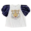 Queen Of Sparkles Navy Sequin Poof Sleeve Tiger Tee