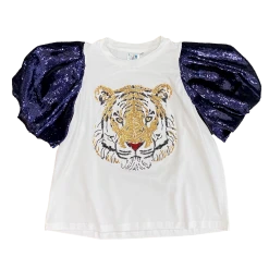 Queen Of Sparkles Navy Sequin Poof Sleeve Tiger Tee