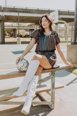 Queen Of Sparkles Tops Black Sequin Rhinestone Stripe Flutter Top