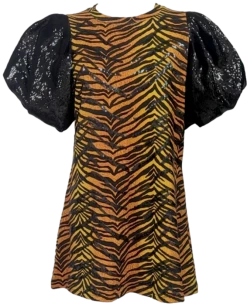 Queen Of Sparkles Gameday Tiger Print Poof Sequin Sleeve Dress