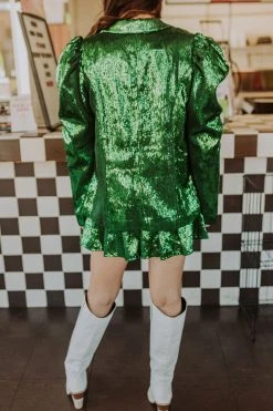 Queen Of Sparkles Green Poof Sleeve Sequin Blazer