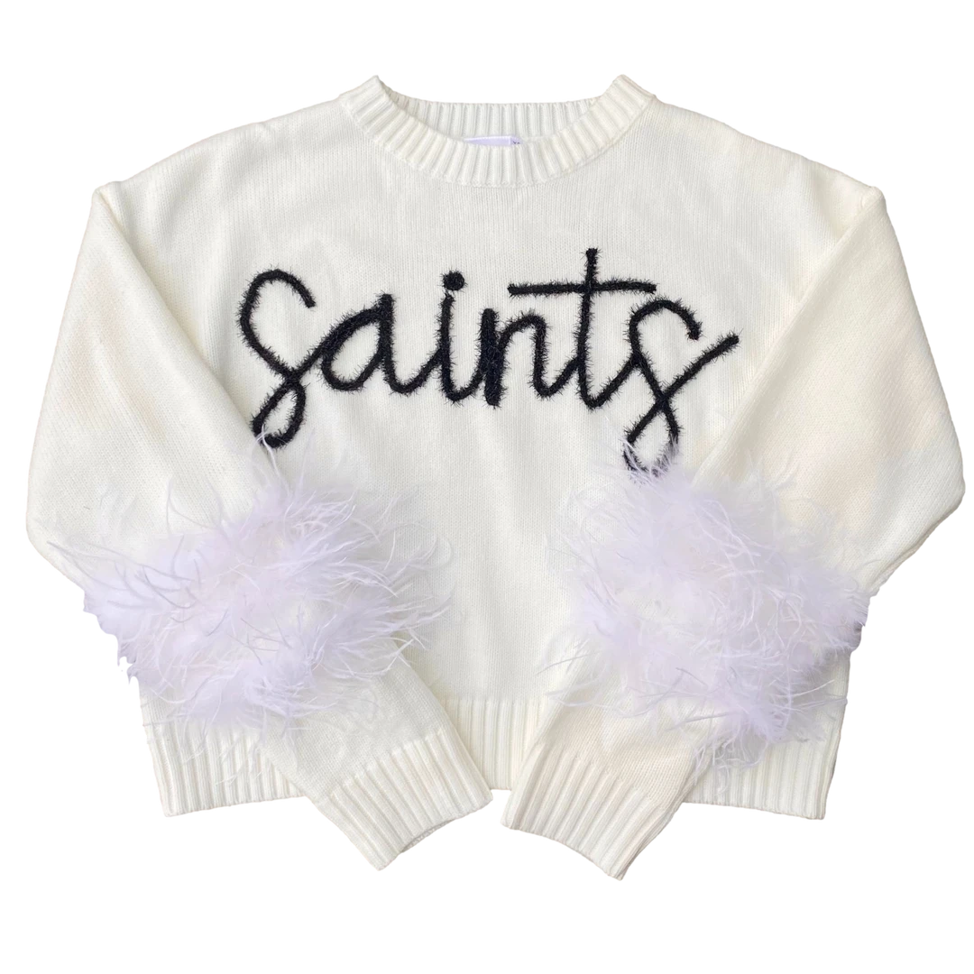 Queen Of Sparkles “Saints” Feather Sleeve Sweater Gameday 3 Queen Of Sparkles “Saints” Feather Sleeve Sweater Gameday