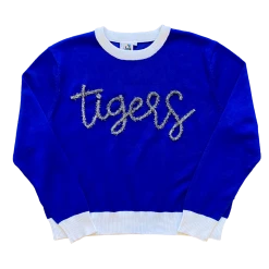Queen Of Sparkles Glitter Script Royal Blue "Tigers" Long Sleeve Sweater Gameday