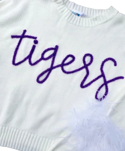 Queen Of Sparkles Gameday Purple“Tigers” Feather Sleeve Sweater