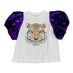 Queen Of Sparkles Gameday Purple Sequin Poof Sleeve Tiger Tee