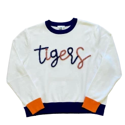 Queen Of Sparkles Glitter Script White W/ Navy & Orange "Tigers" Long Sleeve Sweater