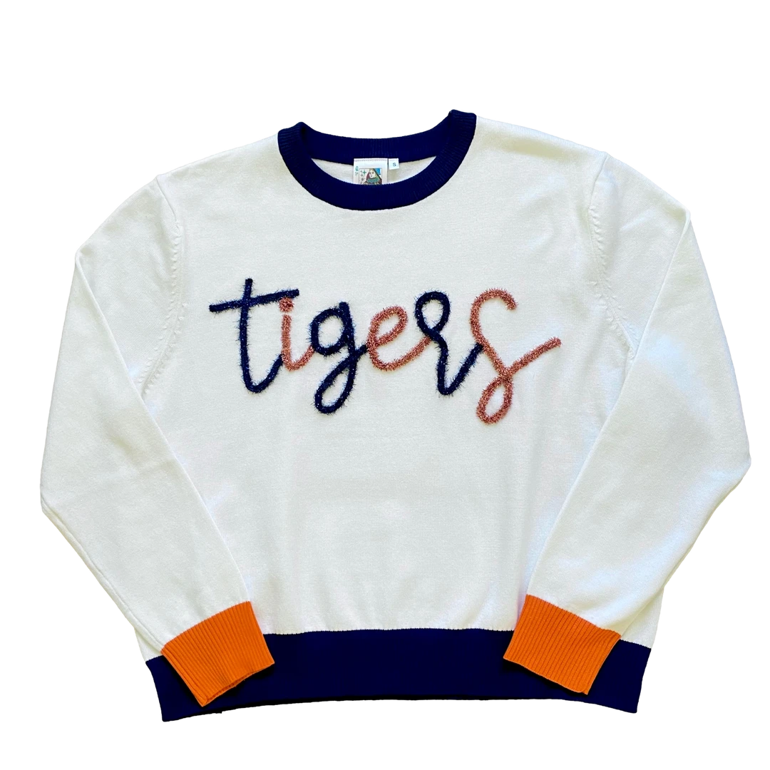 Queen Of Sparkles Glitter Script White W/ Navy & Orange "Tigers" Long Sleeve Sweater 3 Queen Of Sparkles Glitter Script White W/ Navy & Orange "Tigers" Long Sleeve Sweater