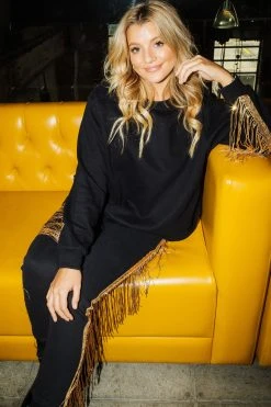 French For I Love Black/Gold Sequin Fringe Sweatshirt