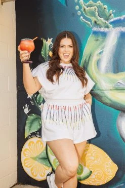 Queen Of Sparkles White Rainbow Rhinestone Burst Swing Short Spring 2022