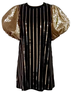 Queen Of Sparkles Black & Gold Stripe Poof Sequin Sleeve Dress