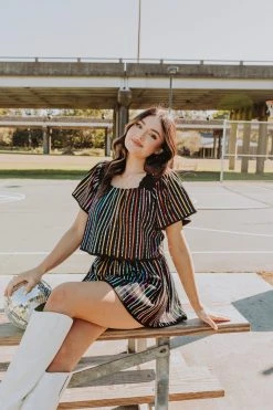 Queen Of Sparkles Tops Black Sequin Rhinestone Stripe Flutter Top