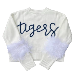 Queen Of Sparkles Gameday Navy “Tigers” Feather Sleeve Sweater