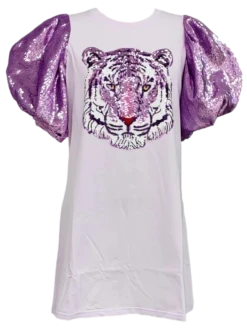 Queen Of Sparkles Lavender Tiger Poof Sequin Sleeve Dress