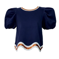 Queen Of Sparkles Gameday Navy, White/Orange Wavy Top
