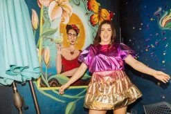 Queen Of Sparkles Pink/Purple Metallic Puff Sleeve Crop Spring 2022