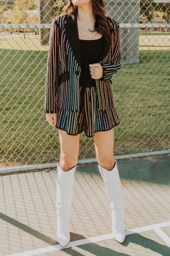 Queen Of Sparkles Black Sequin Rhinestone Stripe Blazer