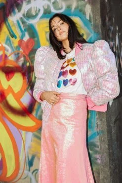 Queen Of Sparkles Pink Multi Sequin Poof Puffer Jacket Holiday