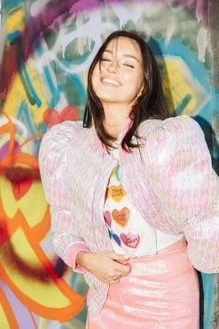 Queen Of Sparkles Pink Multi Sequin Poof Puffer Jacket Holiday