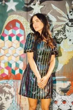 Queen Of Sparkles Spring 2022 Rainbow Sequin Stripe Dress With Black Sleeves