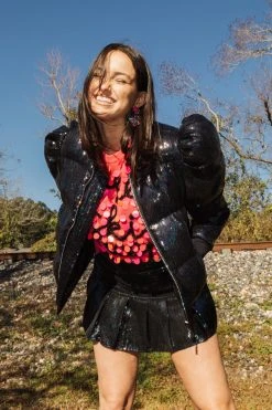Queen Of Sparkles Black Sequin Poof Puffer Jacket