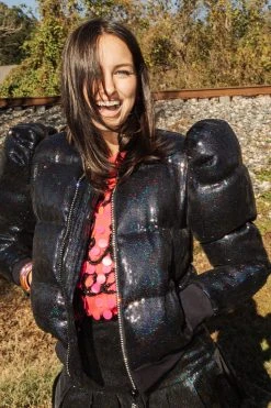 Queen Of Sparkles Black Sequin Poof Puffer Jacket