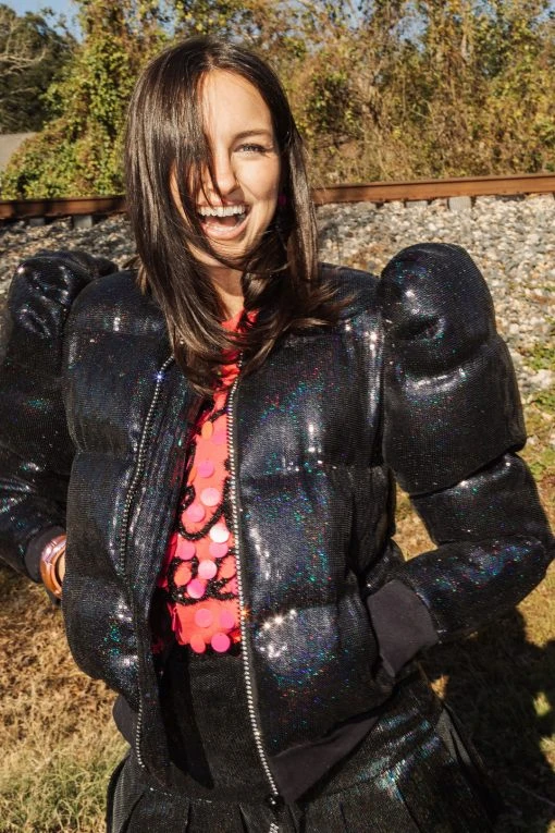 Queen Of Sparkles Black Sequin Poof Puffer Jacket