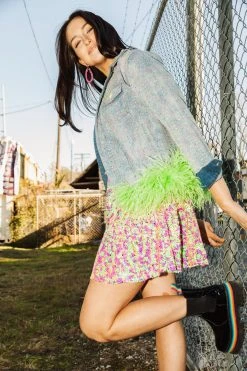 Queen Of Sparkles Neon Rhinestone Feather Denim Jacket