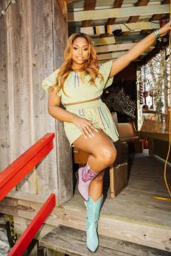 Queen Of Sparkles Sage Neon Bead Burst Swing Short 5 Queen Of Sparkles Sage Neon Bead Burst Swing Short