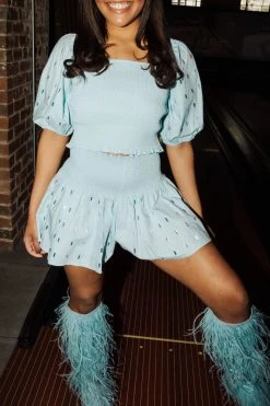 Queen Of Sparkles Light Blue Cotton Rhinestone Swing Shorts